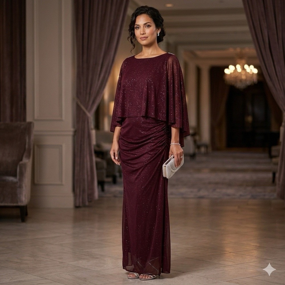 Ignite Evenings Maxi Dress Gown 16 Burgundy Mesh Glitter Cape Formal